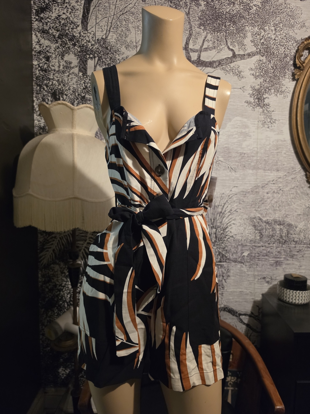 Nine West Black Rust White Palm Leaf Button Front Romper NWT